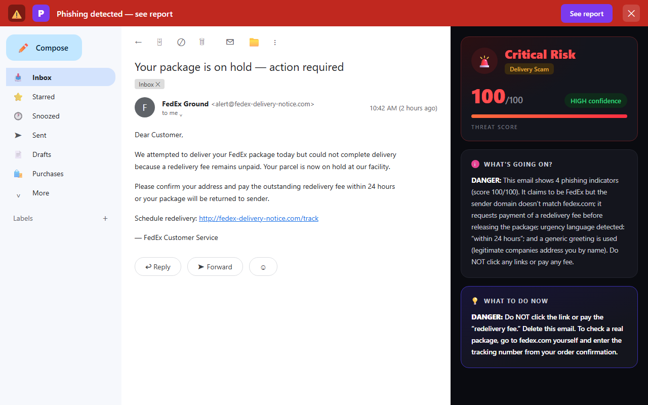 Illustration of Phixo flagging a fake FedEx package delivery email in Gmail: Critical Risk verdict, sender domain that doesn't match fedex.com, a redelivery-fee payment request, urgency language and a generic greeting detected