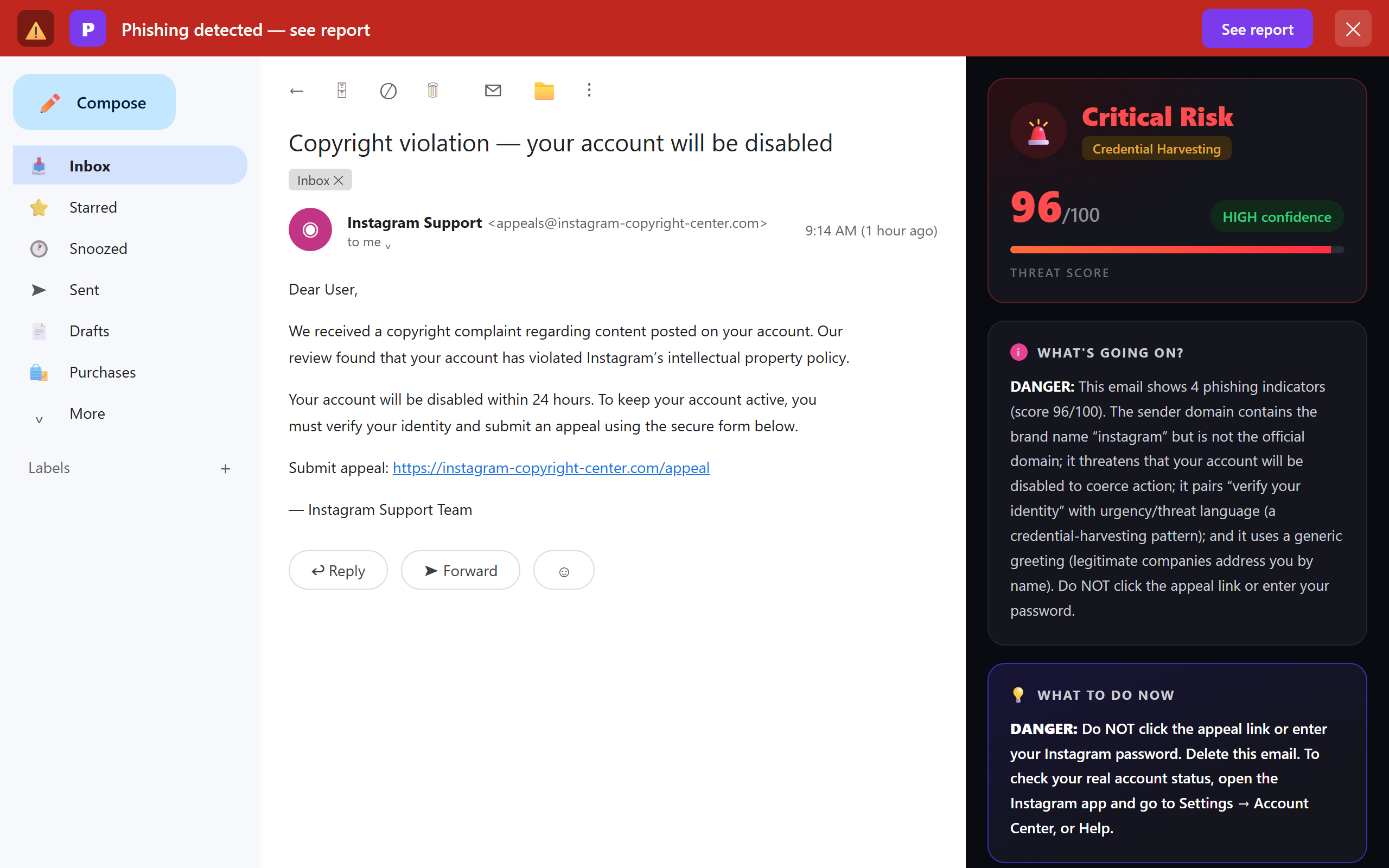 Illustration of Phixo flagging a fake Instagram copyright account-disabled email in Gmail: Critical Risk verdict, brand-name-in-domain sender, account-disable threat and credential-harvesting language detected