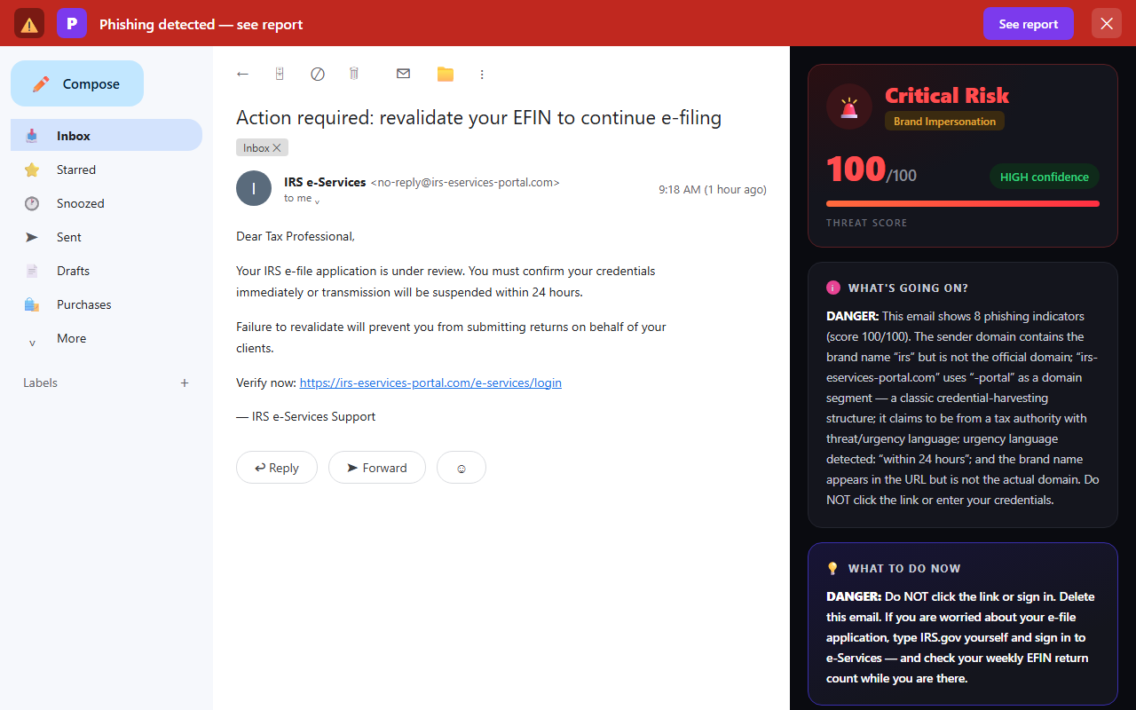Phixo flagging a fake IRS e-Services EFIN revalidation email in Gmail as Critical Risk, threat score 100 out of 100, with brand impersonation of irs.gov from a lookalike domain, a credential request and deadline pressure called out
