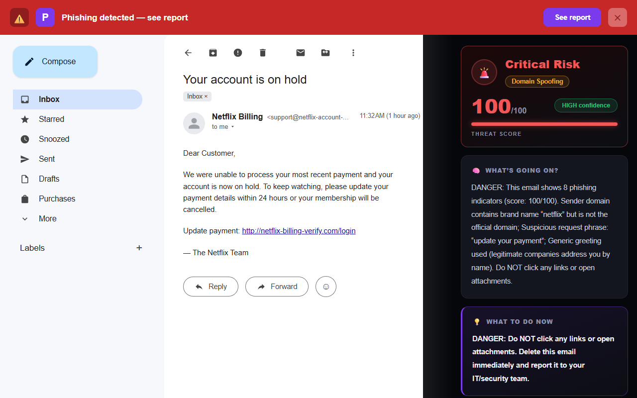 Illustration of Phixo flagging a fake Netflix payment-failed email in Gmail: Critical Risk verdict, spoofed sender domain, payment-details request and generic greeting detected
