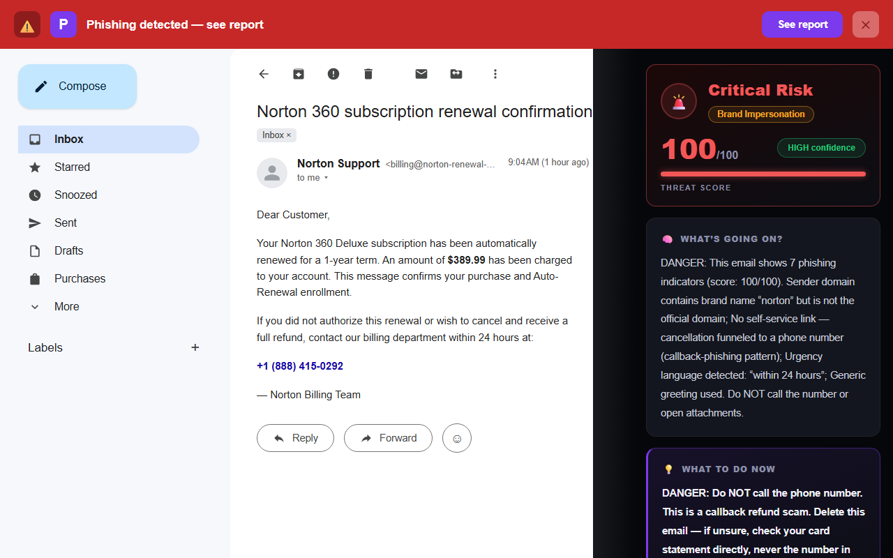 Illustration of Phixo flagging a fake Norton 360 renewal email in Gmail: Critical Risk verdict, brand-impersonation and callback-phishing pattern detected — Norton brand name plus a $389 charge plus a phone number to call