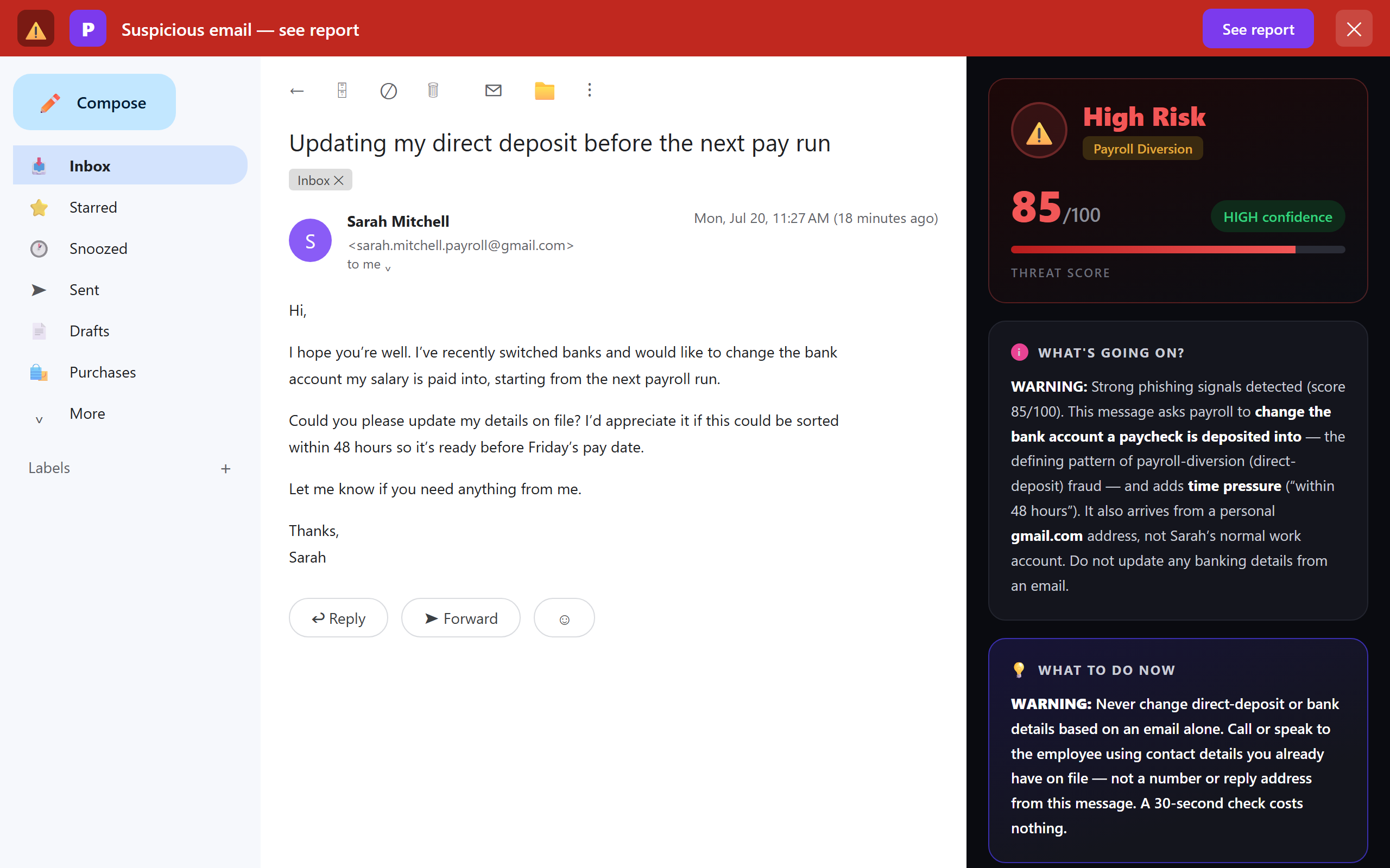 Phixo flagging a fake employee direct-deposit-change email in Gmail as High Risk, threat score 85/100, with the payroll-diversion request and time pressure called out, sent from a personal gmail.com address