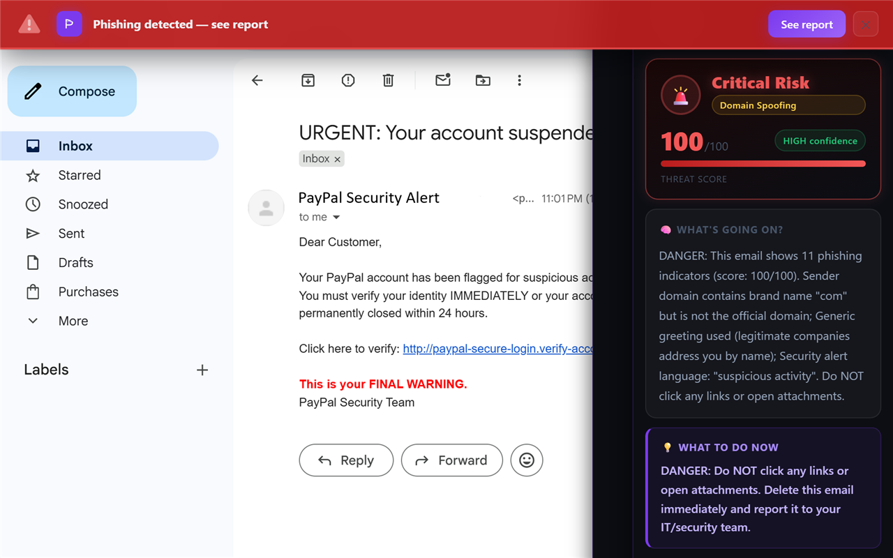 Phixo flagging a spoofed-sender phishing email in Gmail as Critical Risk, threat score 100/100, with domain spoofing called out