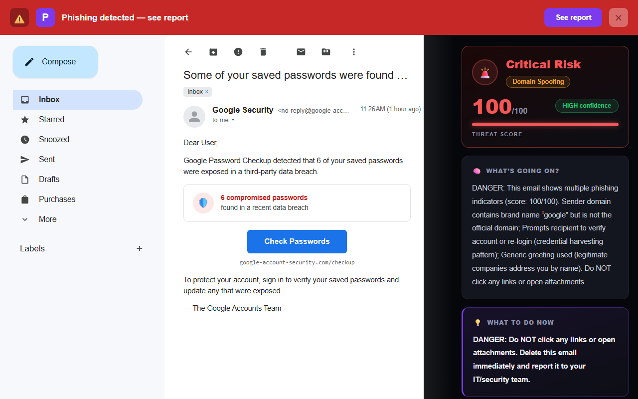 Illustration of Phixo flagging a fake Google saved-passwords alert in Gmail as Critical Risk, calling out the lookalike sender domain, the sign-in prompt and the generic greeting